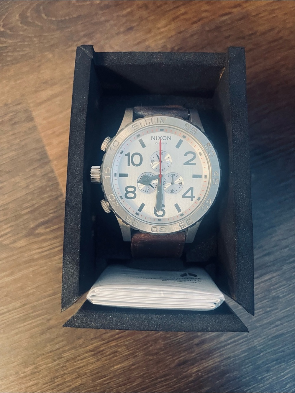 Nixon Silver-Tone Chronograph Watch with Brown Strap